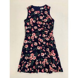 ELIZA J Womens SZ 14 Navy Blue Pink Floral Dress Side Pleated Sleeveless Stretch